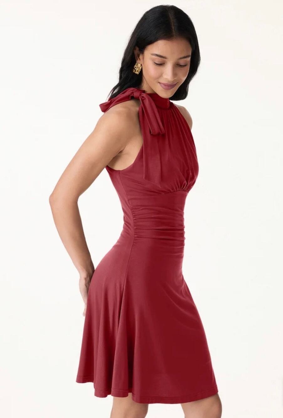 OGL Scoop Neck Side Ruched New Airy Bra Midi Dress Chili Pepper Red Size S